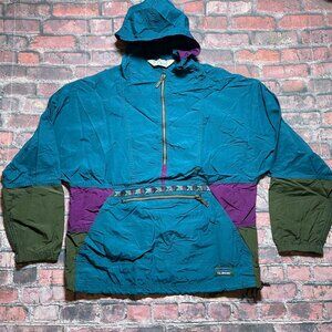 Vintage LL Bean Anorak Jacket Mens Medium Blue 90s Colorblock Aztec Made in USA